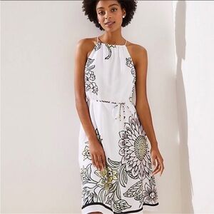 Loft White and multi color floral print Tie Neck Sleeveless Dress Small